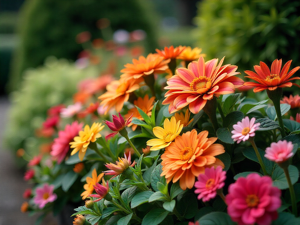 Beautiful flower bed with colorful seasonal blooms