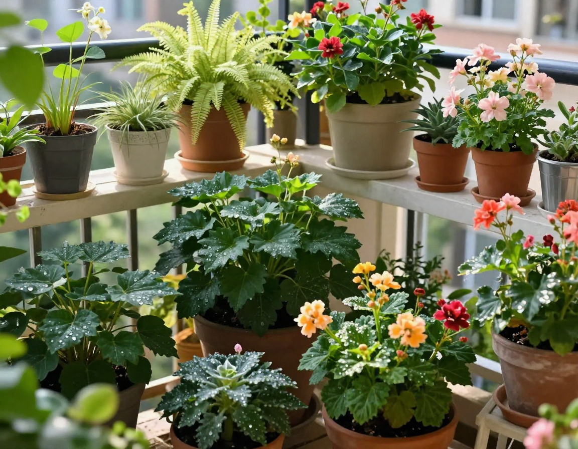 Lush balcony garden with container plants and flowers